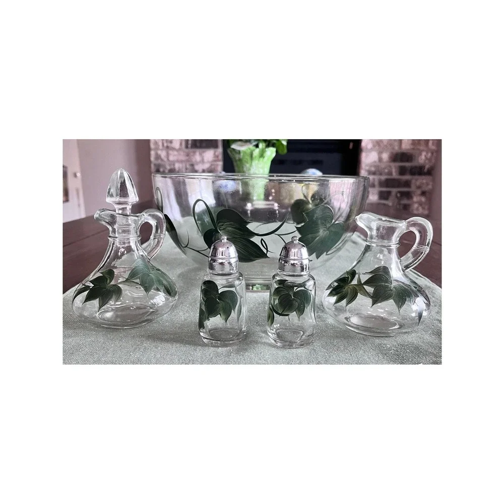 Vintage Hazel Atlas Green Ivy Glass Salad Set Bowl Cruets Salt Pepper Shakers